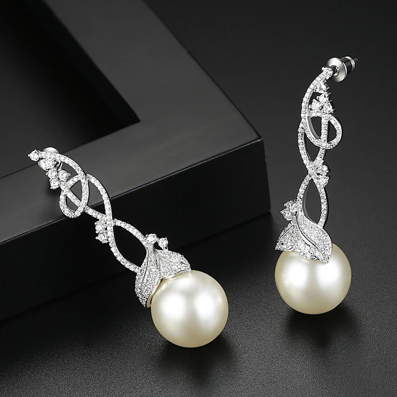 LUOTEEMI Cane Vine Cubic Zirconia Big Imitation Pearl Drop Earrings For Woman Korean Fashion Wedding Bridal Sweet Accessories