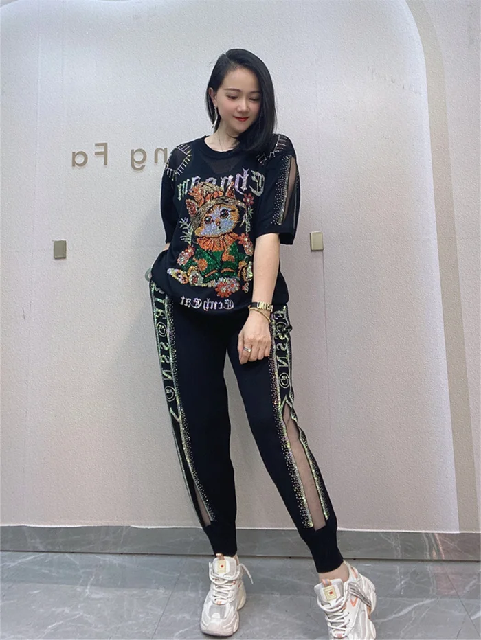 

Летний комплект 2024 для женщин: вязаная футболка с коротким рукавом и длинные брюки, спортивный костюм из хлопка с круглым вырезом, с блестками