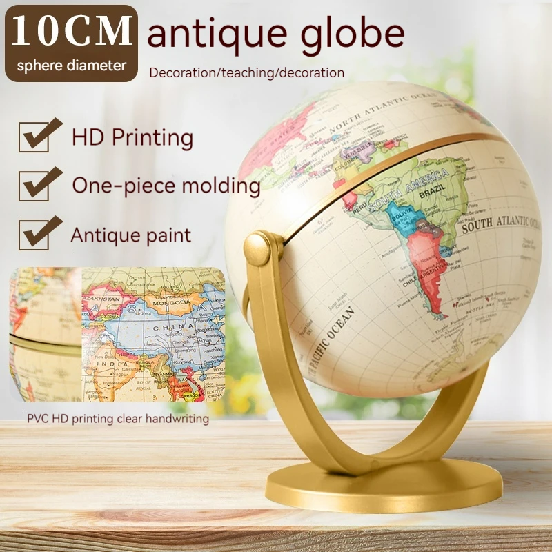 10.6cm Retro Globe 360 Rotating Earth World Ocean Map Ball Antique Desktop Geography Learning Education Home School Decoration