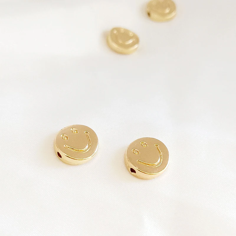 10 pieces  10mm copper-clad gold smiling face straight hole Beaded pendant DIY hand jewelry Hair Bracelet accessories materials