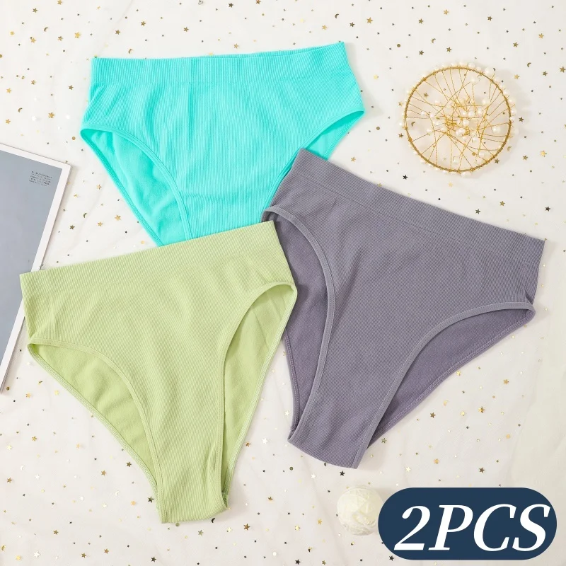 2Pcs/Set High Waist Stretch Briefs Women High Leg Cut Panties Female Underpants Sexy Lingerie Solid Color Ribbed Underwear S-L
