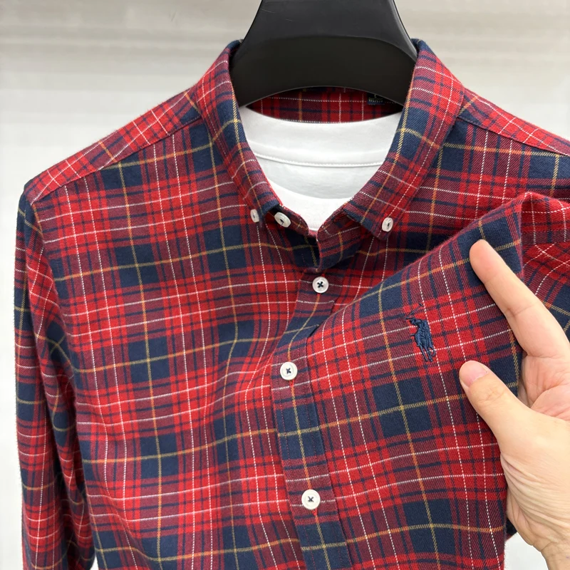 

High End 100% Cotton Men's Long Sleeved Checkered Shirt Men's Autumn Paul Embroidery Pure Cotton Shirt Men's Spring Shirt