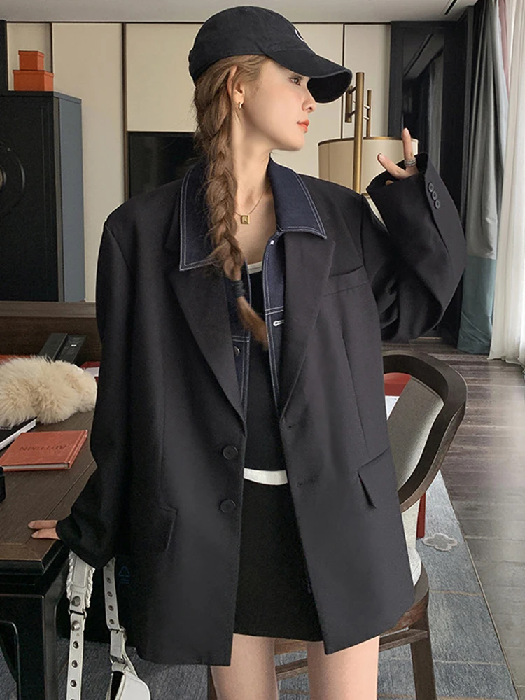 LANMREM Denim Spliced Lapel Blazer Women Fashion Long Sleeves Single Breasted Black Coat Streetwear 2024 Autumn New 2AA2159