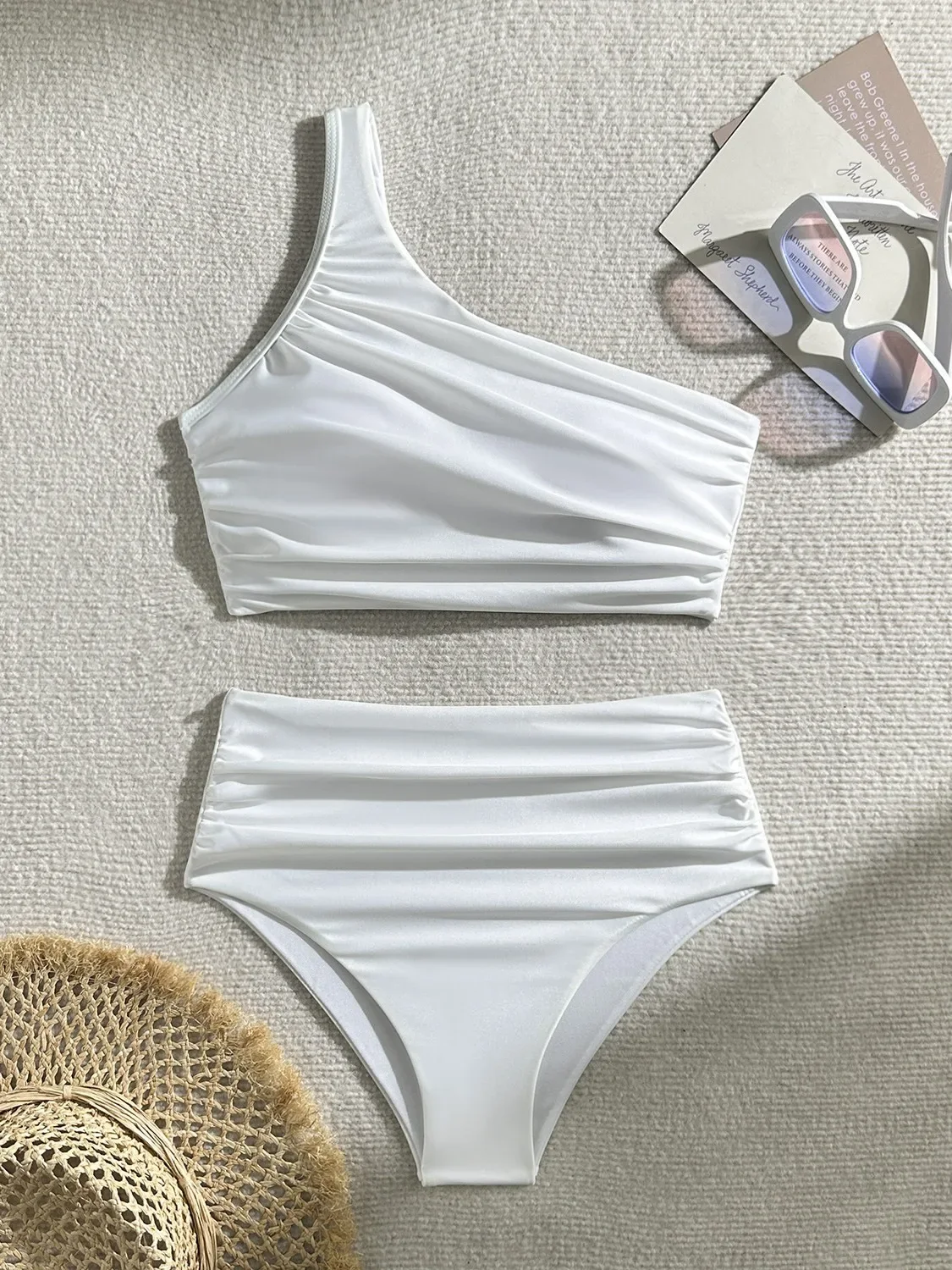 Summer Women's White Black Bikini Set High Waist Pleated 2 Piece Swimsuit Sexy One Shoulder Backless Bathing Suit Swimwear 2024