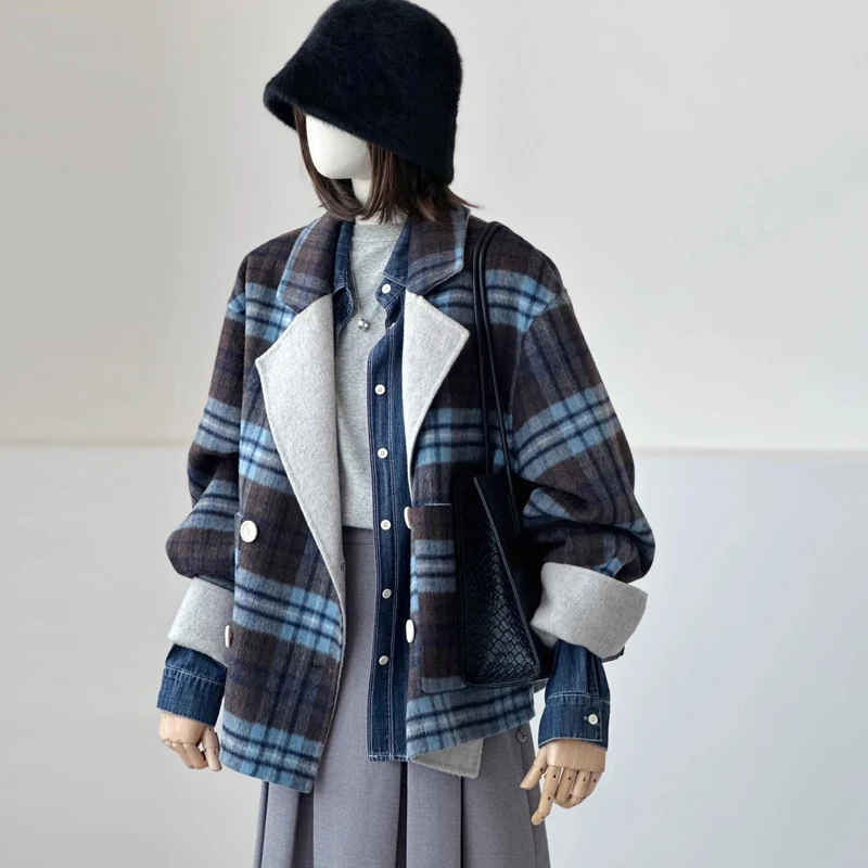 High End Double-Sided Woolen Blue Grid Double-Sided Cashmere Coat, Women'S Autumn And Winter Suit Short Jacket