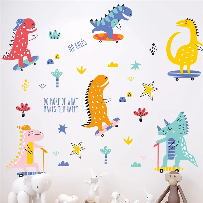 Cartoon Dinosaurs Skating Wall Sticker For Kids Room Home Decor Diy Safari Games Mural Art Boy's Decals Baby's Posterss