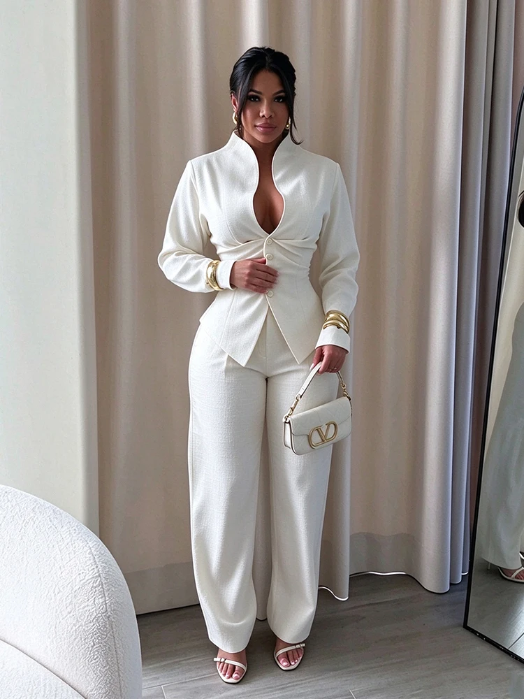 Backless Lace Up Women Blazer Set 2 Piece Sexy Deep V Stand Collar Top and Wide Leg Pants Elegant Long Sleeve Fall Outfits