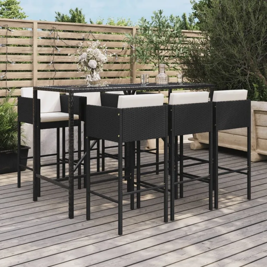 

7 Piece Patio Bar Set with Cushions Black Poly Rattan