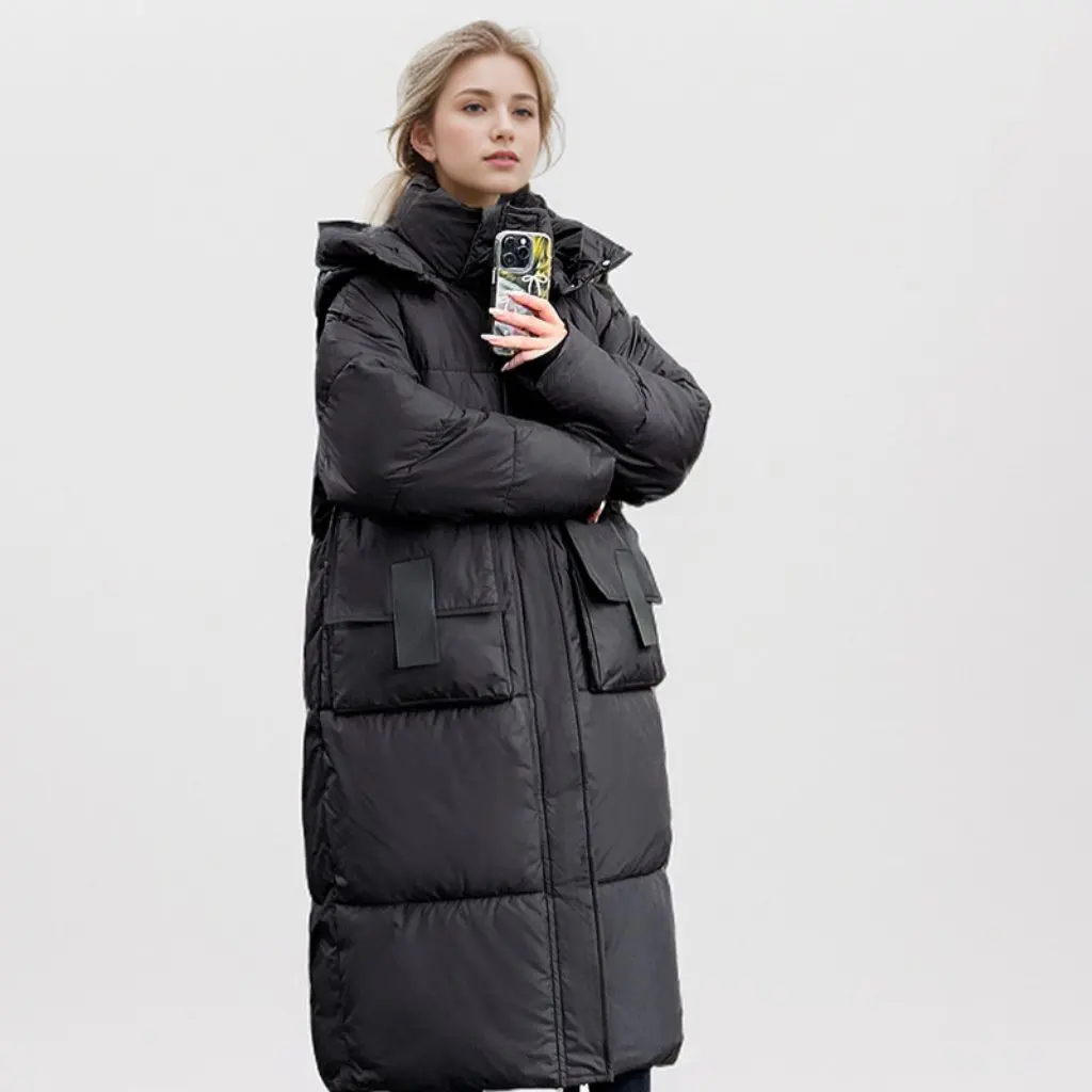 

Women's European Mid-length down Jacket Cotton-padded Loose Thickened Winter Coat with Over-knee Warm Personalized Pocket