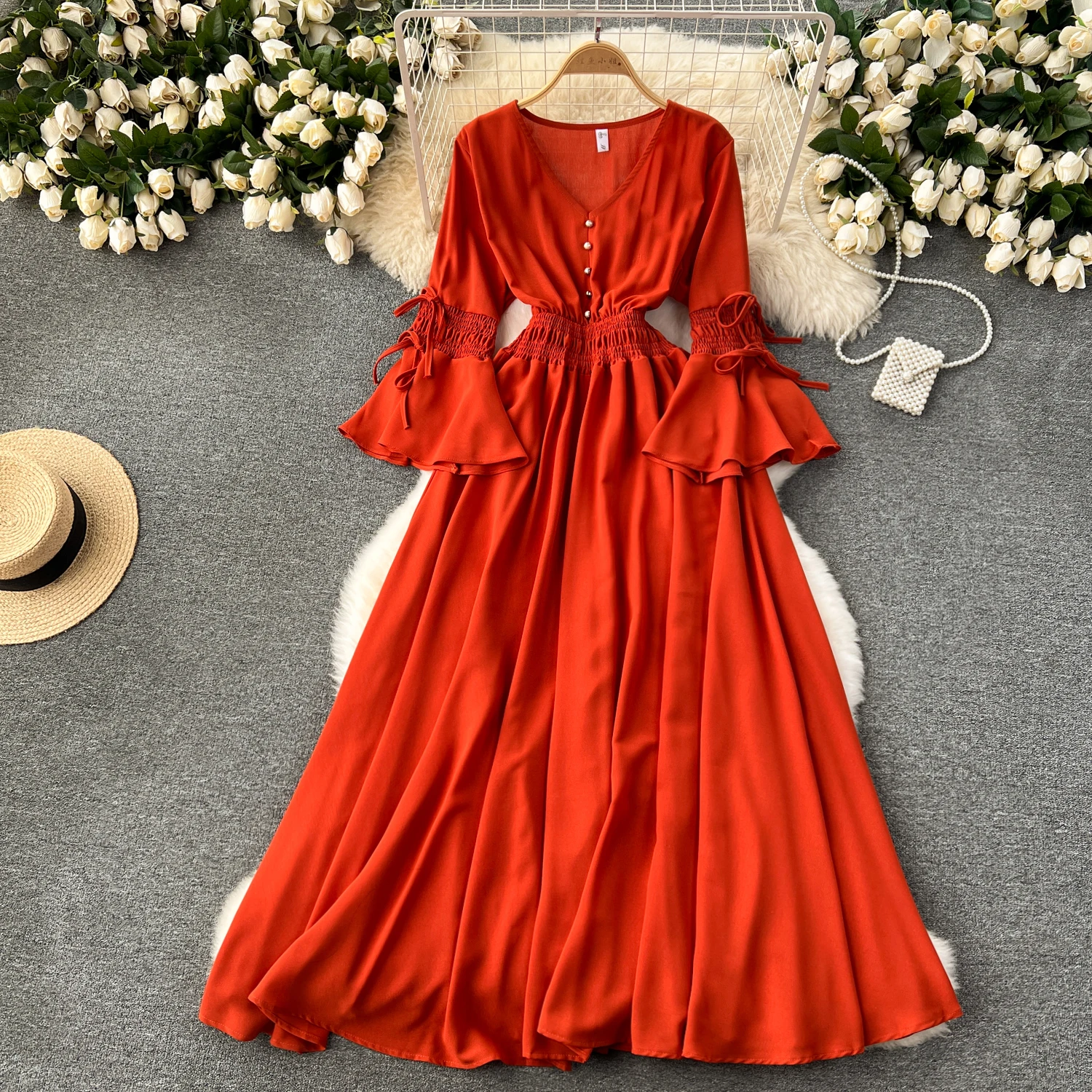 Vintage Elegant Pleated V-neck lare Sleeve Print Dress A-line Fashion Beach Spring summer Vestidos Women Belt sweet Dresses