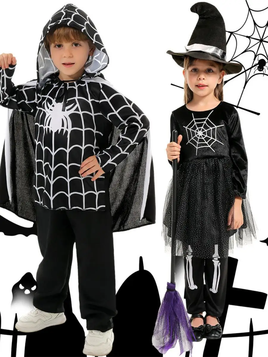 

Детский костюм для выступлений на Хэллоуин, тема паука-призрака, праздничный наряд ведьмы, футболка из полиэстера, сценический костюм из ацетатного волокна