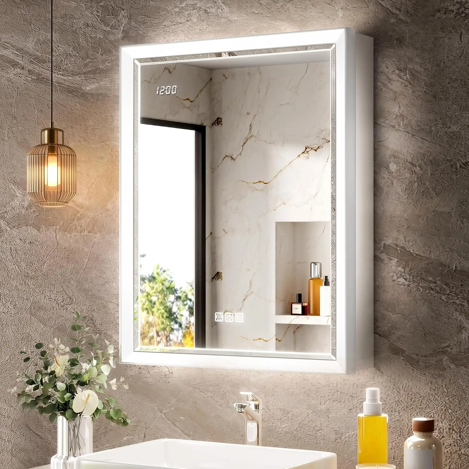 20x26 Lighted Medicine Cabinet with Beveled Mirror & Clock, Surface or Recessed Mirrored Medicine Cabinet with Dimmable Light