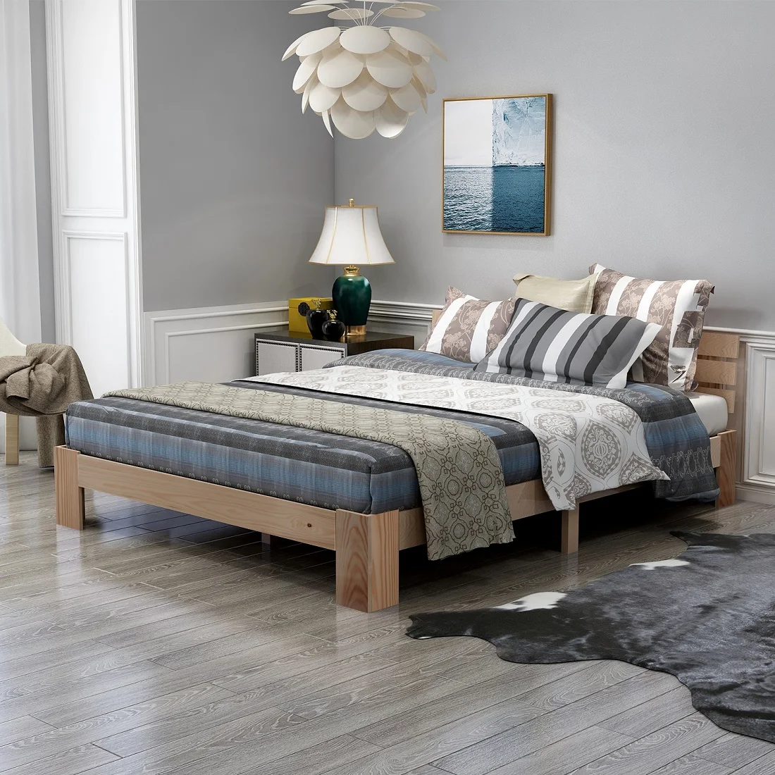 Lit double en bois 140x200 avec sommier et rangement, style minimaliste - Pin naturel