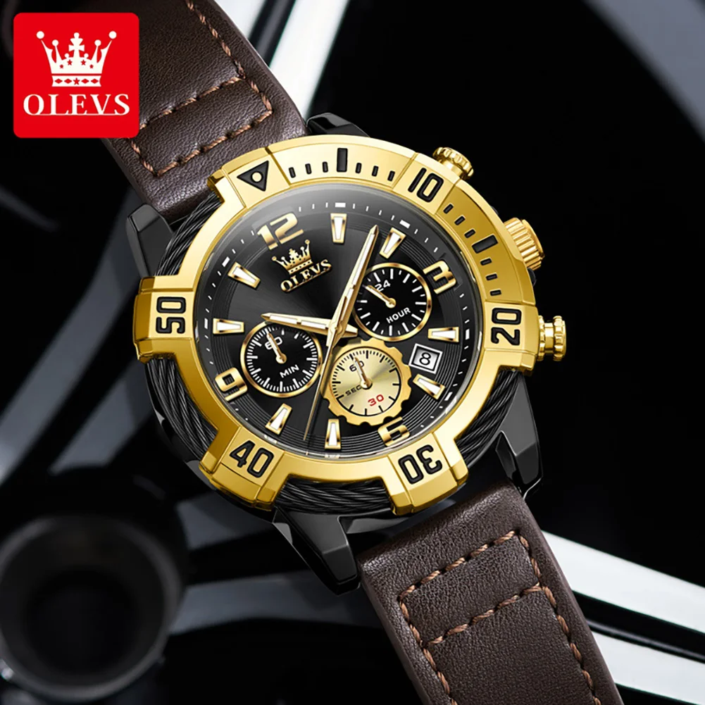 OLEVS Mens Watch Original Multifunctional Quartz Movement Watch Leather Strap Waterproof Super Luminous Wristwatch Gifts 2999