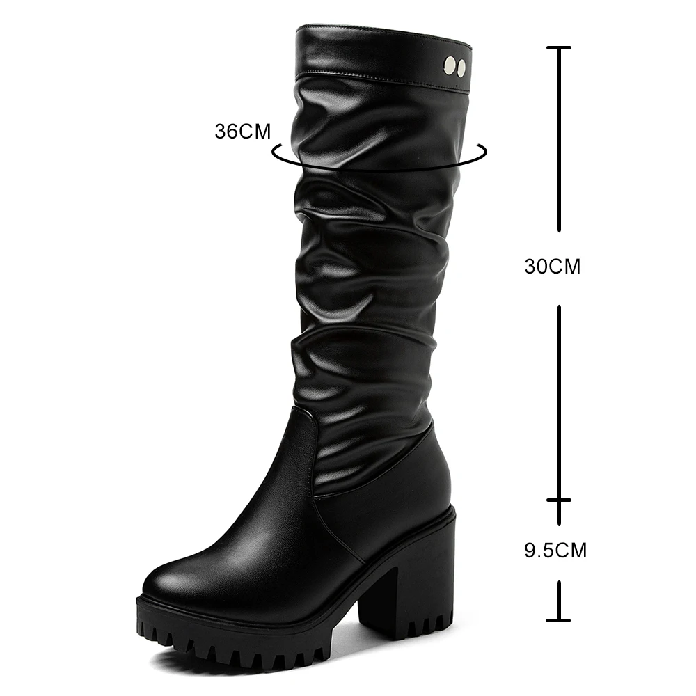 Platform Chunky High Heeled Women Knee High Boots Fashion Cool Round Toe Pleated Heeled Boots Gothic Uniform Dress Shoes White