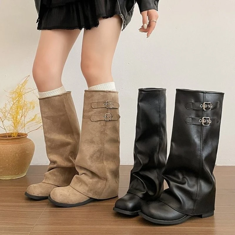 Y2K Korean Style Retro Knee‑high Boots Women Belt Buckle Decor Round Toe Solid Color Autumn Winter Casual Party Fashion Shoes - view 6