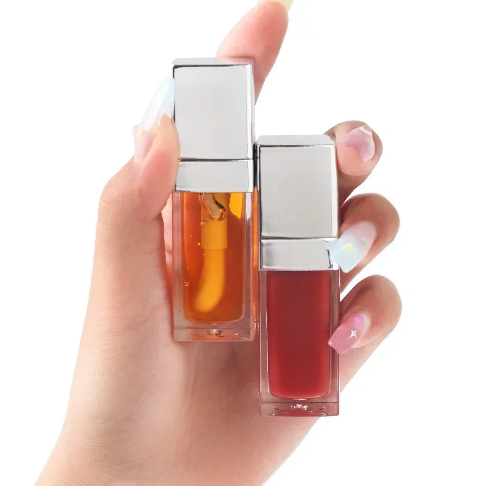 8ml Private Label Lip Oil Custom Bulk 30-color Silver-plated Square Tube Lipgloss Watermelon Strawberry Fruit Makeup Plumper