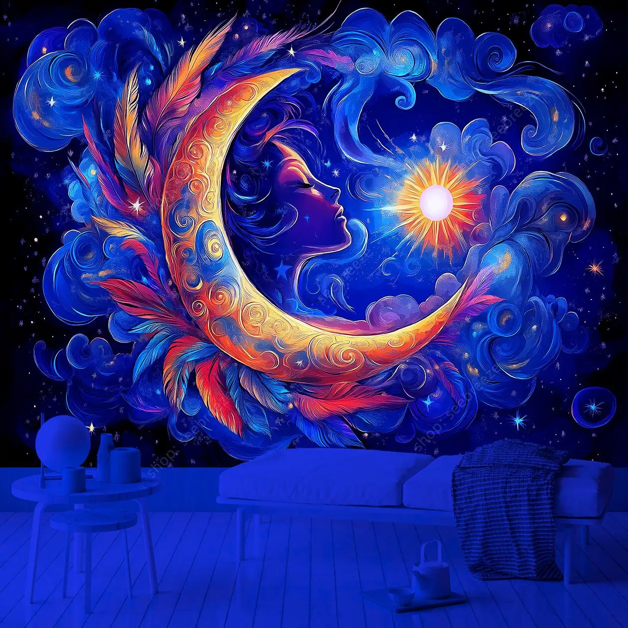 Moon Mandala Goddess UV Reactive Tapestry Bohemian Wall Art for Bedroom Living Room Decor Spiritual Feminine Energy Design