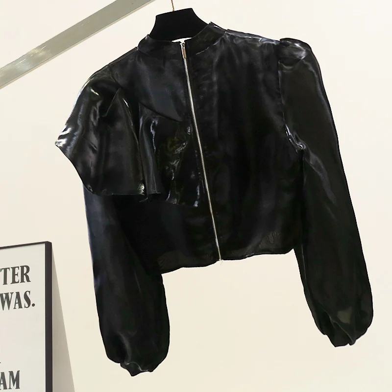 

Korean Sle Heavy Du Zipper Design Long Sve Loose Women's Cardigan iny Surface Faionable New Arrival Breathable Ski...