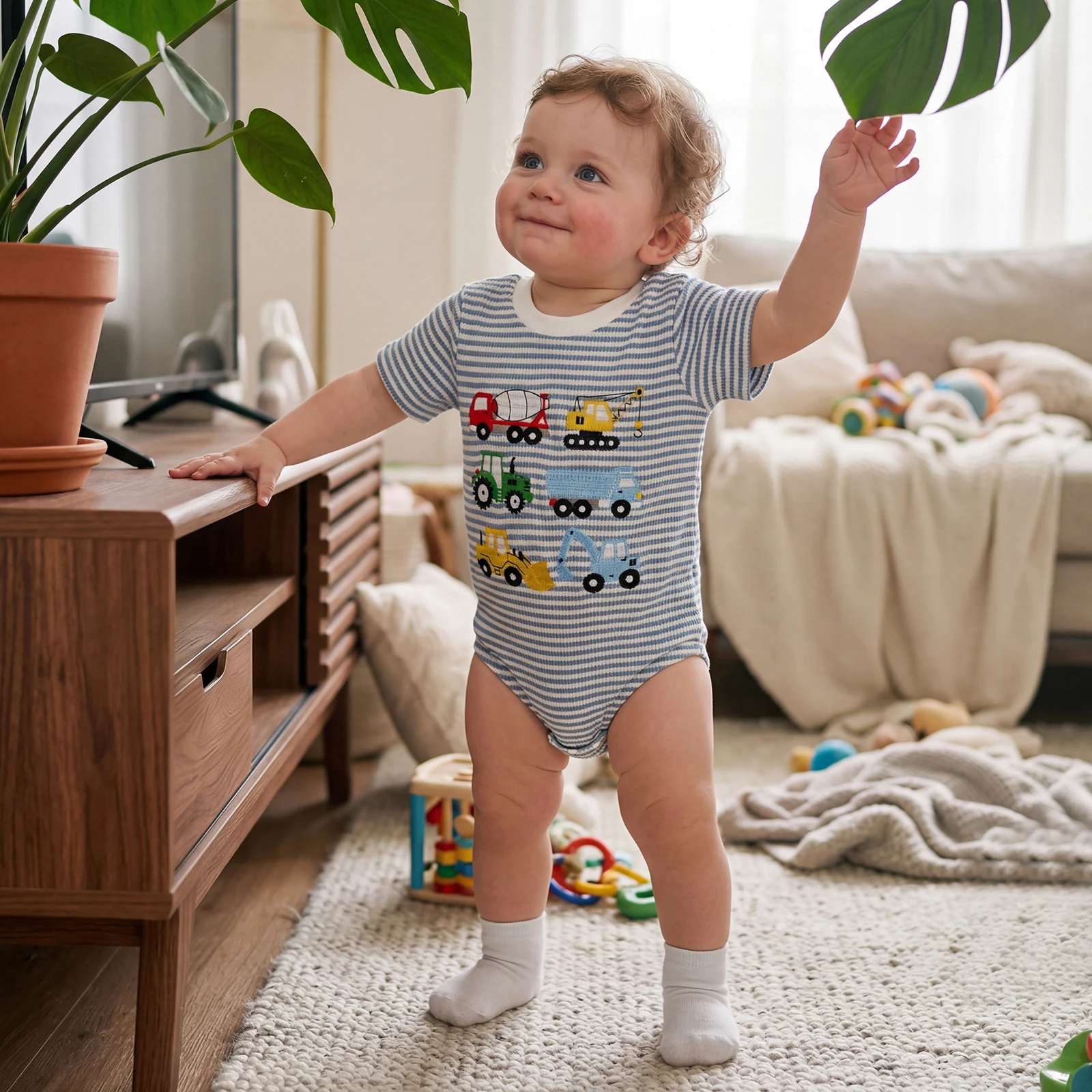 Summer Baby Boys Rompers Digger Embroidery Crew Neck Short Sleeve Waffle Infant Bodysuits Jumpsuits