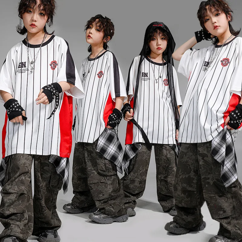

Одежда для танцев в стиле хип-хоп для мальчиков, футболка в белую полоску, камуфляжные штаны, одежда для уличных танцев, костюм для групповых джазовых танцев для девочек