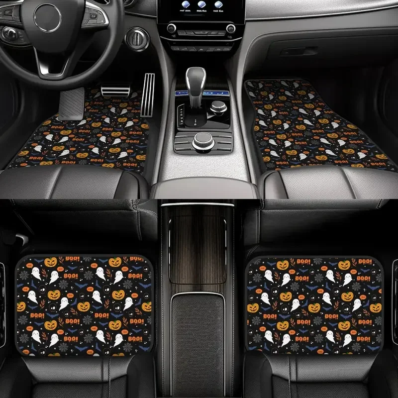 Halloween Pumpkin Ghost Cats Car Floor Mats of 4 Pieces Crystal Velvet Carpets Rugs Universal Car Front Rear Carpets Foot Mats 6
