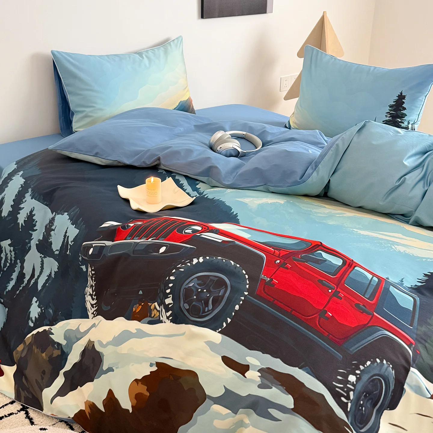 PYJ long-staple cotton three-piece set, snow mountain crossing four-season car boy printing pure cotton four-piece set