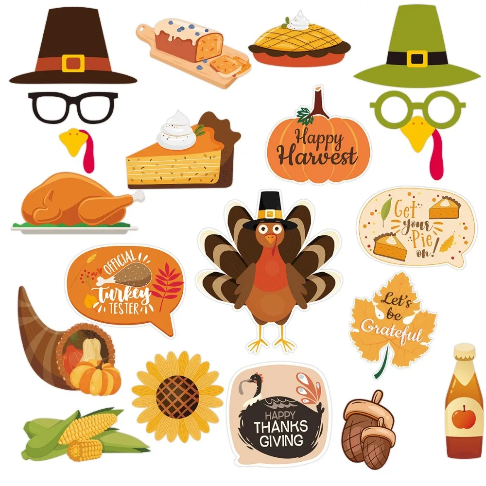 21pcs Cartoon Thanksgiving Photobooth Prop Glasses Mask Party Paper Frame Pumpkin Turkey Autumn Leaves Handheld Frame Prop