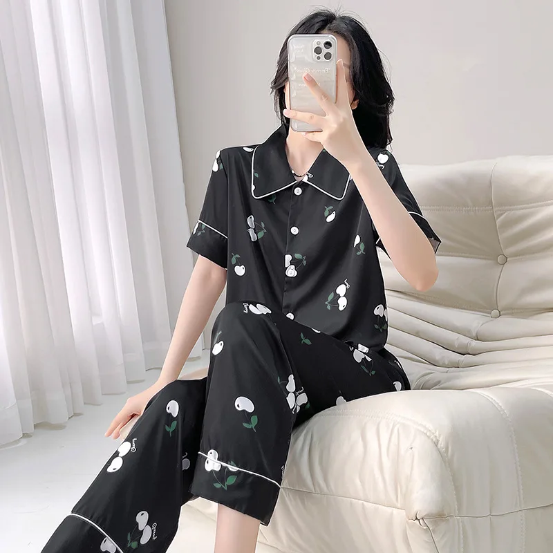 

summer women's ice and snow silk pajamas five-quarter-sleeved trousers loungewear set white flower printing cute two-piece set