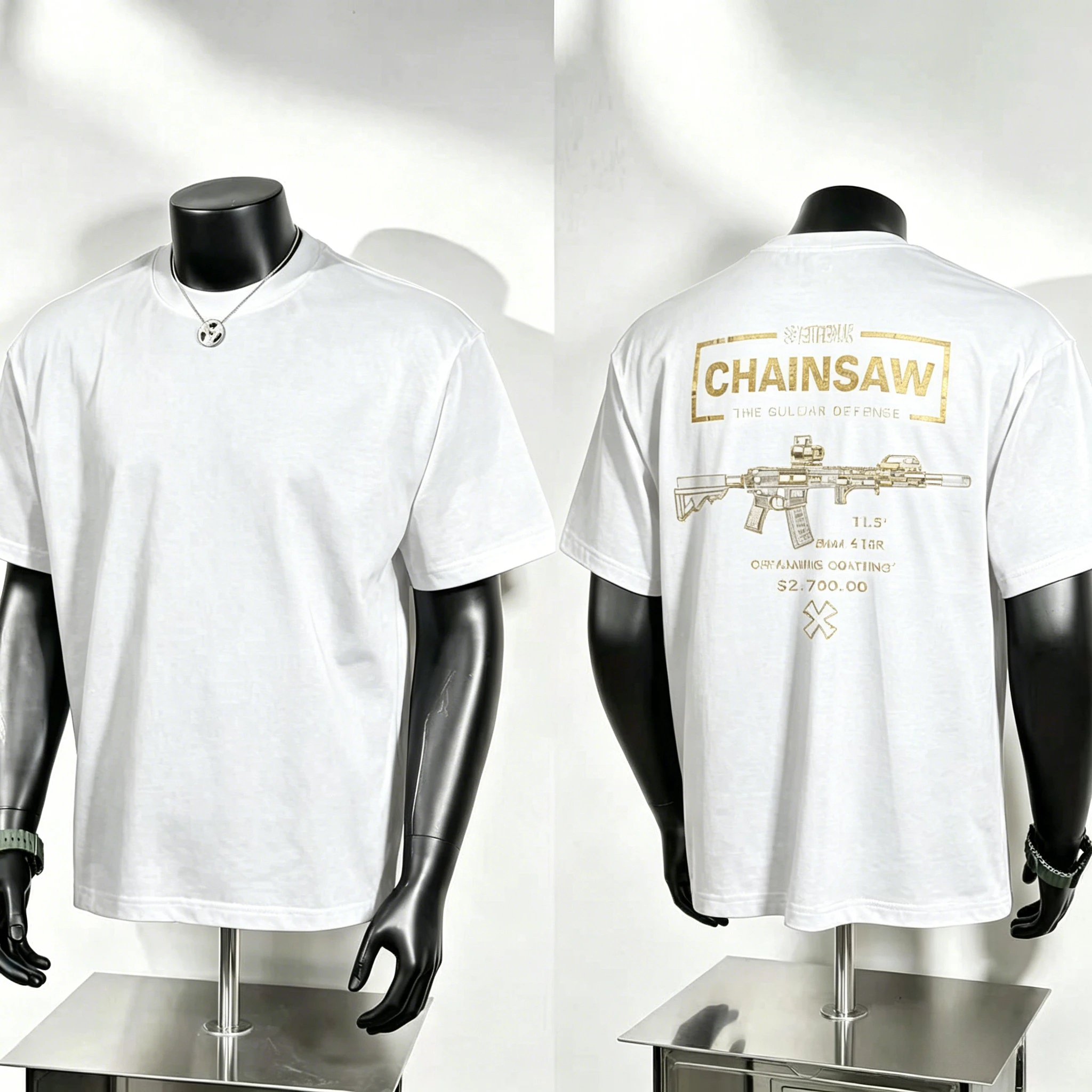 Vintage Ordnance Tag Art T Shirt, Chainsaw Title and Defense Marking with Detailed Spec‑label Firearm Sketch Back Print
