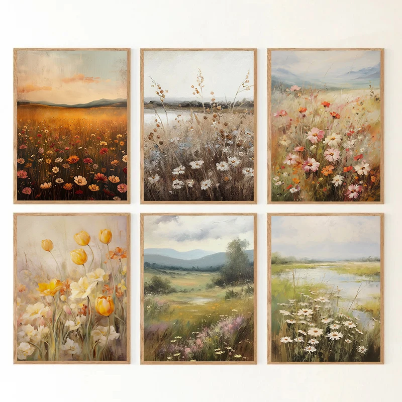 (No frame)Vintage Wildflower Country Field Landscape Poster Canvas Painting Wall Art Pictures Modern Living Room Interior Hom