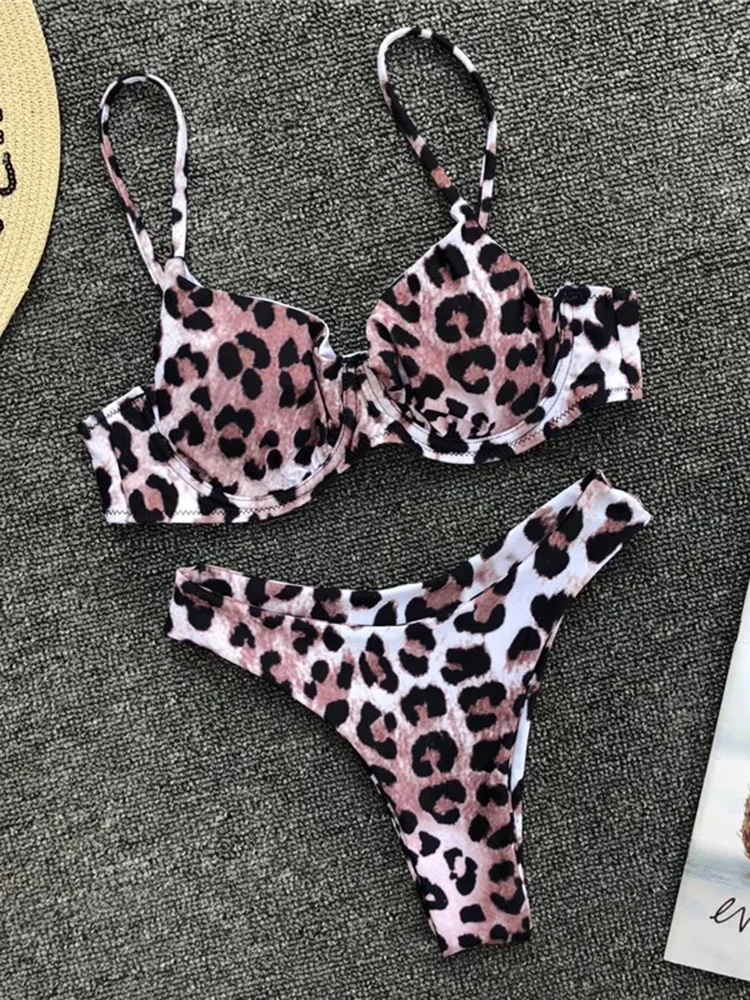 Sexy Leopard Underwired V-Bar Bikini 2024 donne costumi da bagno costume da bagno femminile due pezzi Bikini Set Push Up costume da bagno Swim Lady