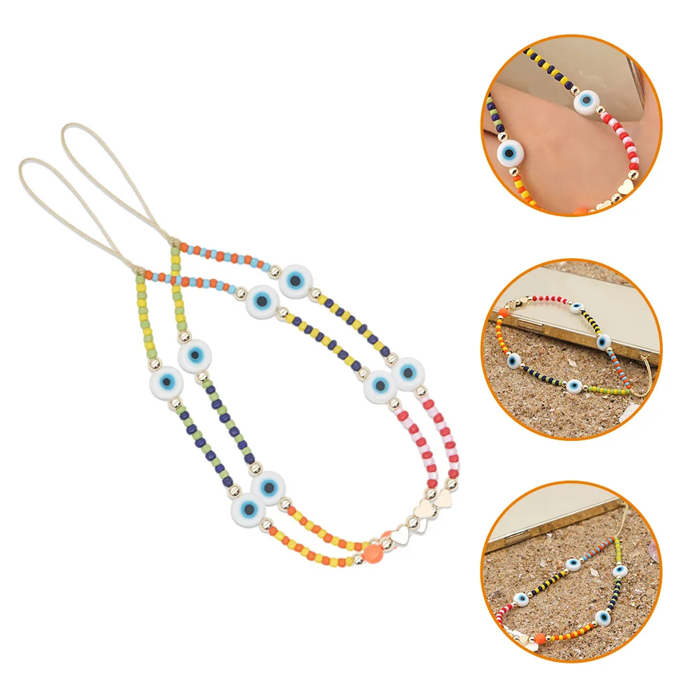 2 Pcs Phone Wrist Lanyard Beaded Strap Lanyards for Keys Chain Evil Eye Cellphone Charm Creative Wristlet Mobile