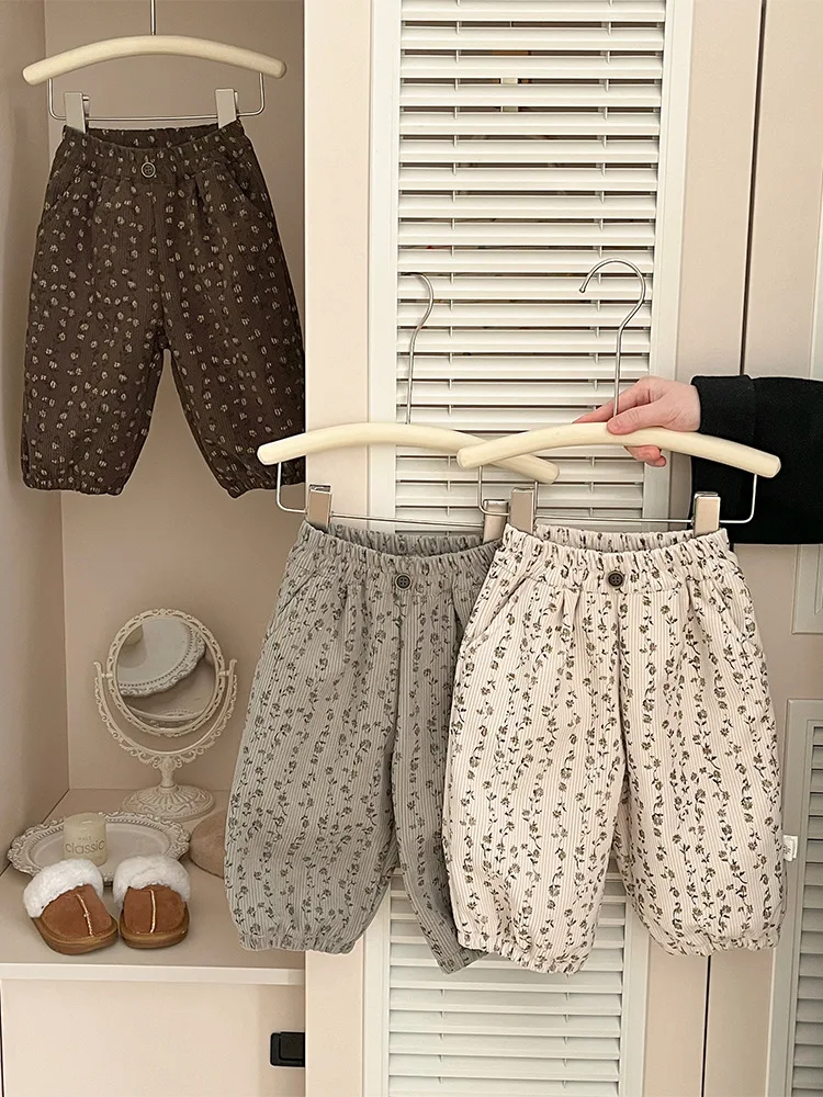 2025 Winter Infant Plus Velvet Thick Warm Pants Toddler Loose Lantern Pants New Baby Fleece Trousers Girls Floral Casual Pants