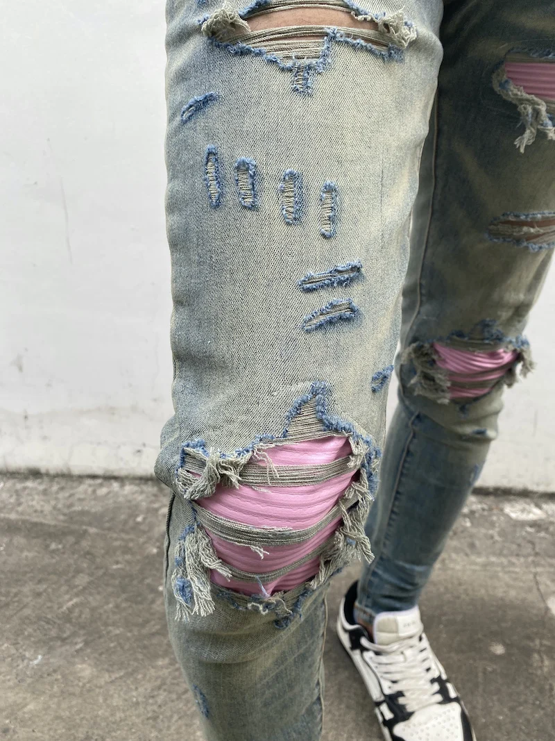 Zerstörte zerrissene Löcher Patckwork Denim Jean Herren lässig Distressed gewaschene Biker Jeans neue Mode High-Street schlanke Hosen Jogger