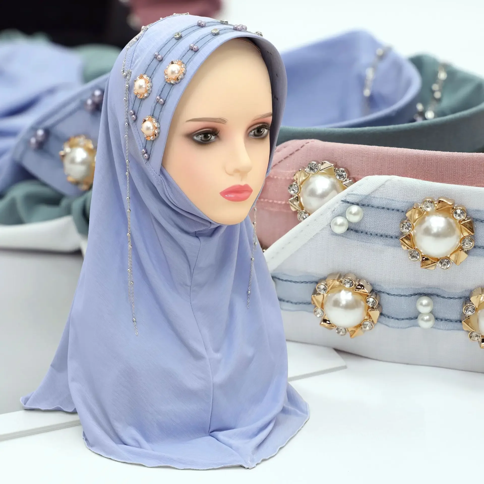 

Beaded Drill Fringe Solid Color Cotton Hard Brim Headscarf Muslim Women Hijab Turban Islam Head Wrap Shawls Amira Pull On Hat