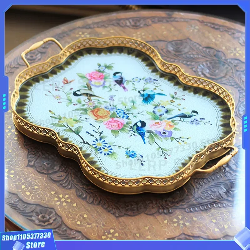 Luxury European Brass Tea Tray with Crystal Porcelain Painting for Living Room Coffee Table Dining Table Snack Fruit