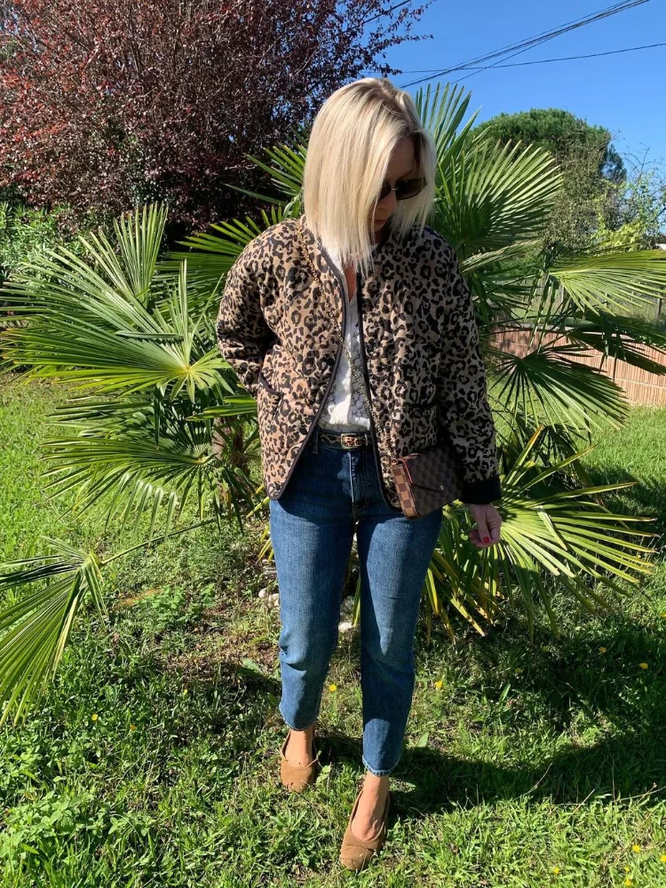 Leopard Single-Breasted O-neck Coats Women Retro Patchwork Long Sleeved Jackets Female Winter Warm Thickened High Street Tops ﻿