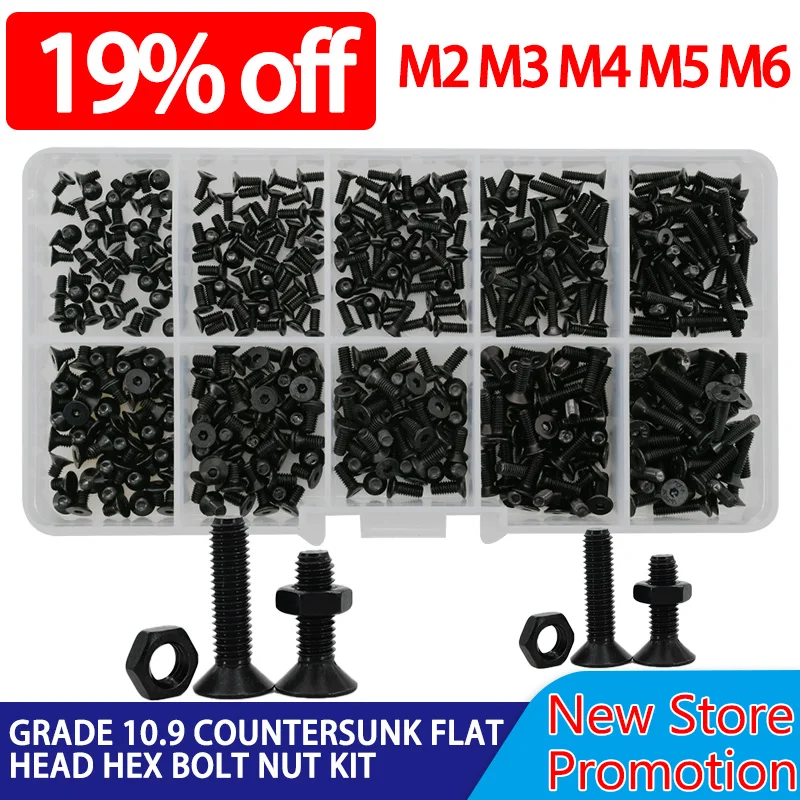 M2 M3 M4 M5 M6 Senkkopfschrauben-Set aus schwarzem Kohlenstoffstahl, Güteklasse 10.9, DIN7991 Gewinde, Innensechskantschrauben, Muttern-Kit, Flachkopf