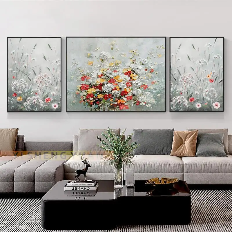 

3 Piece Handmade Flower Oil Painting Luxury Triptych Living Room Background Wall Art Decor Bedside Warm Hanging Mural Frameless