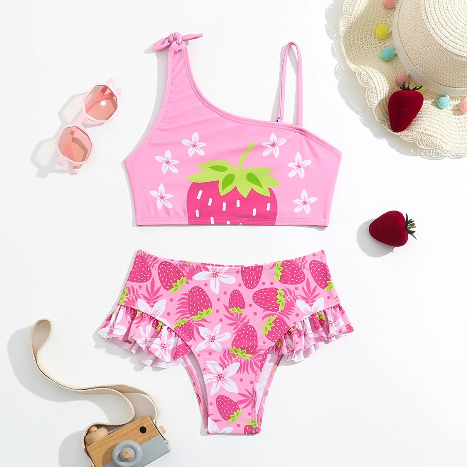 Baby Girl Swimsuit Bikini Set Asymmetrical Shoulder Sleeveless Children Swimwear Swim Top with Ruffle Bottoms Beach Bathing Suit