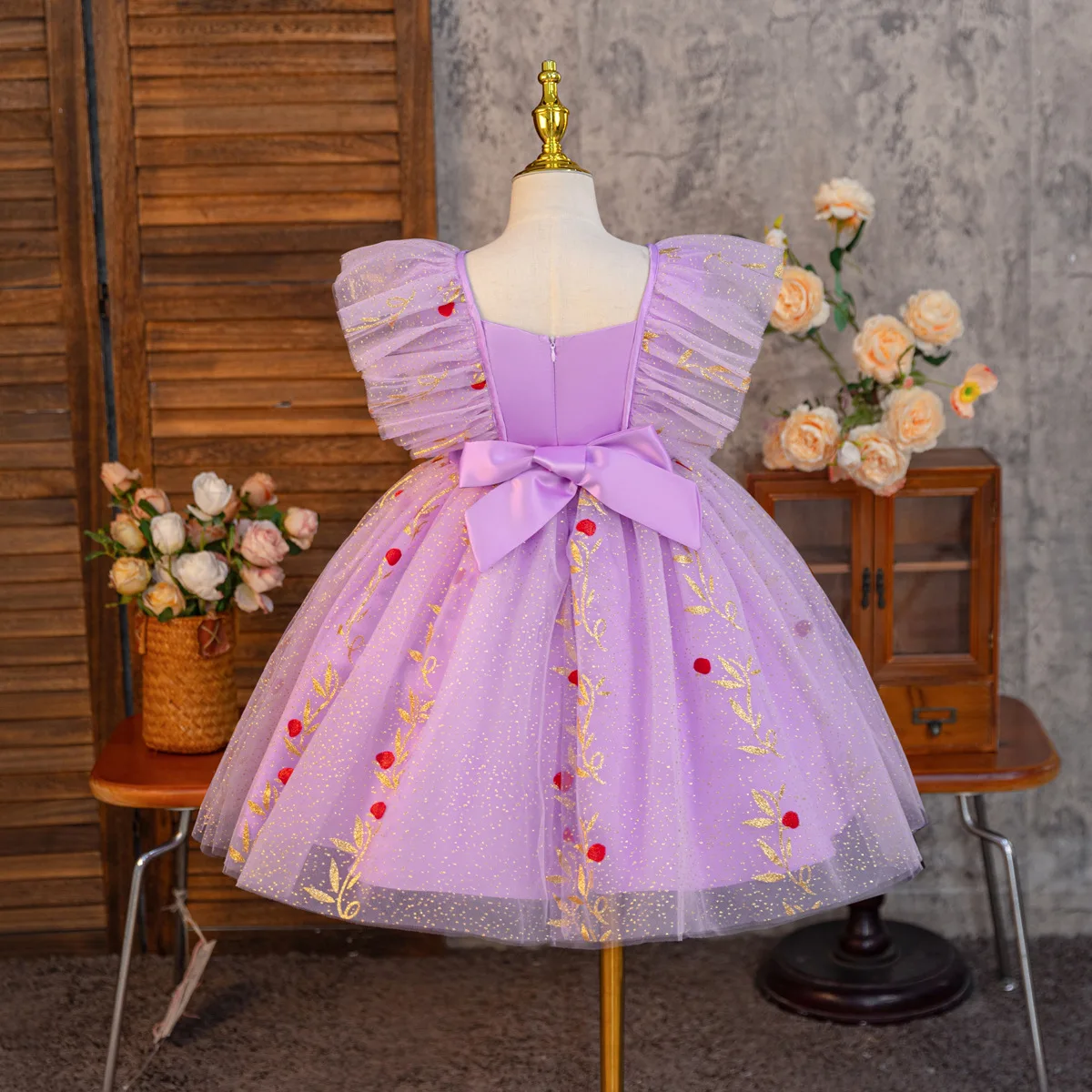 Summer New Popular Mesh Printed New Year's Dress Skirt Mesh Puff Dress Big Flying Sleeve Girl Princess Skirt