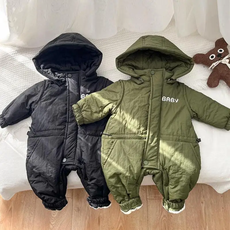 

2025 Winter New Baby Plus Velvet Thick Hooded Romper Infant Boy Girl Letter Print Jumpsuit Newborn Toddler Warm Padded Clothes