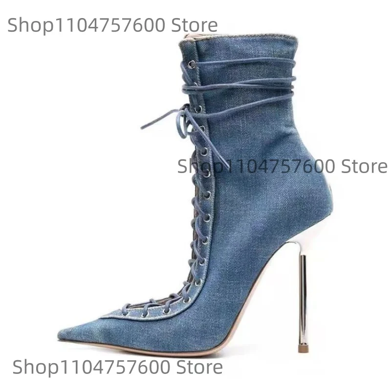 Women's Blue Denim Ankle Boots Pointed Toe Stiletto Heel Side Zipper Cross Strap Design Simple Everyday Women Street Short Botas