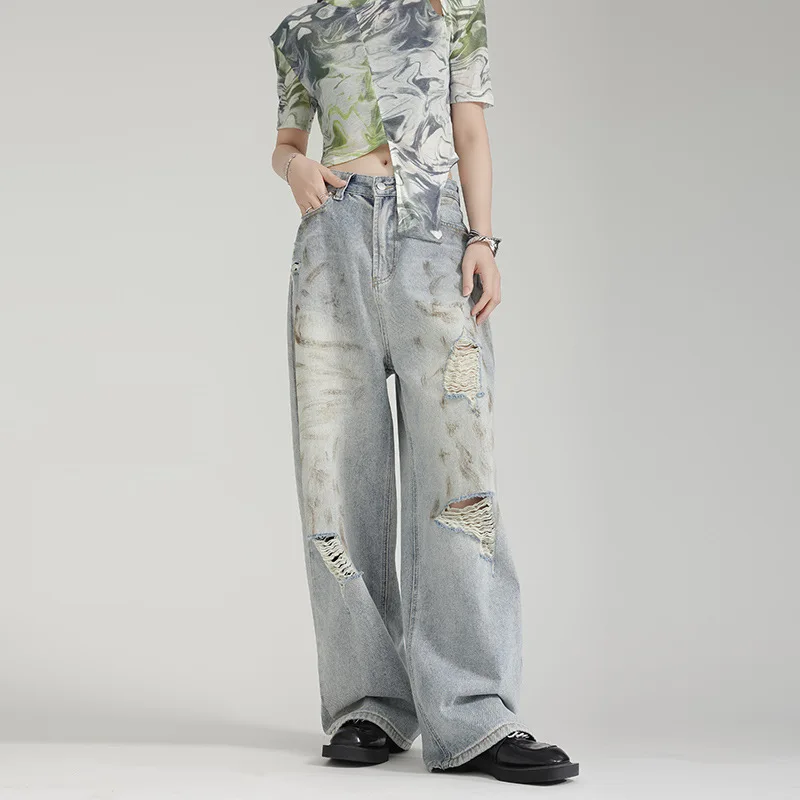 2024 Wash Water Drop Floor mop pants American retro high street graffiti tie dye wasteland style wide leg women's jeans