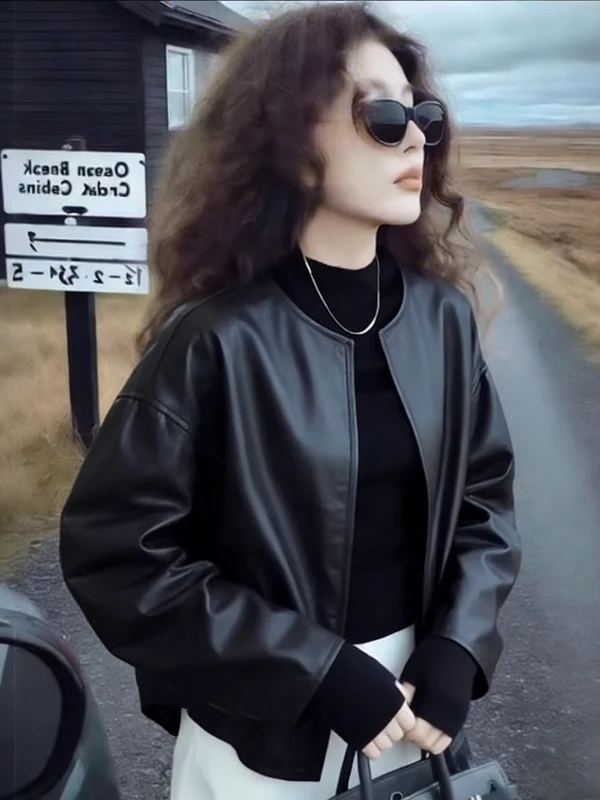 Giacca in Pelle Bla ort da Donna, Vestibilità Ampia, Taglie Forti, Primavera 2026, Cappotto Casual Snellente con Collo Tondo e Maniche Lunghe