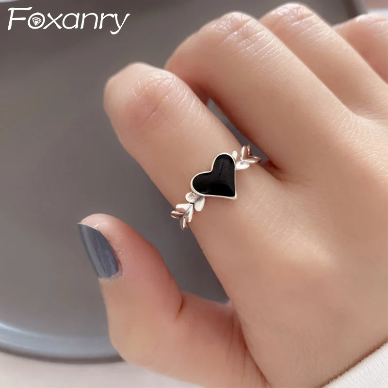 Foxanry Black Drop Glaze Love Heart Rings For Women Girls Simple Classic Sweet Temperament Fashion Cute Engagement Jewelry Gifts