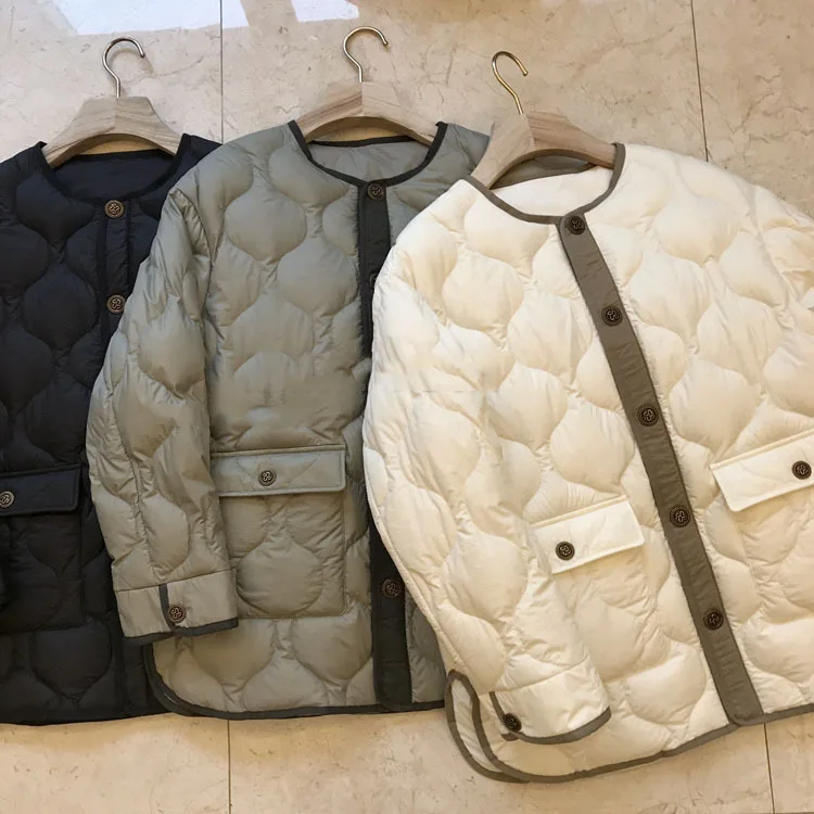 Chaqueta de algodón con cuello redondo para mujer, abrigo holgado con bolsillos grandes, de retales, con relieve de color