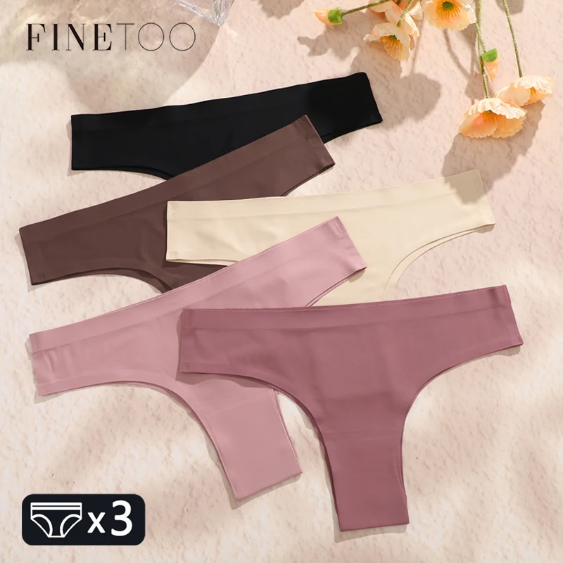 FINETOO 3PC Women Seamless Panties Sexy Brazilian Thong Female Low Waist Solid Color Briefs Comfortable Invisible G-string Panty