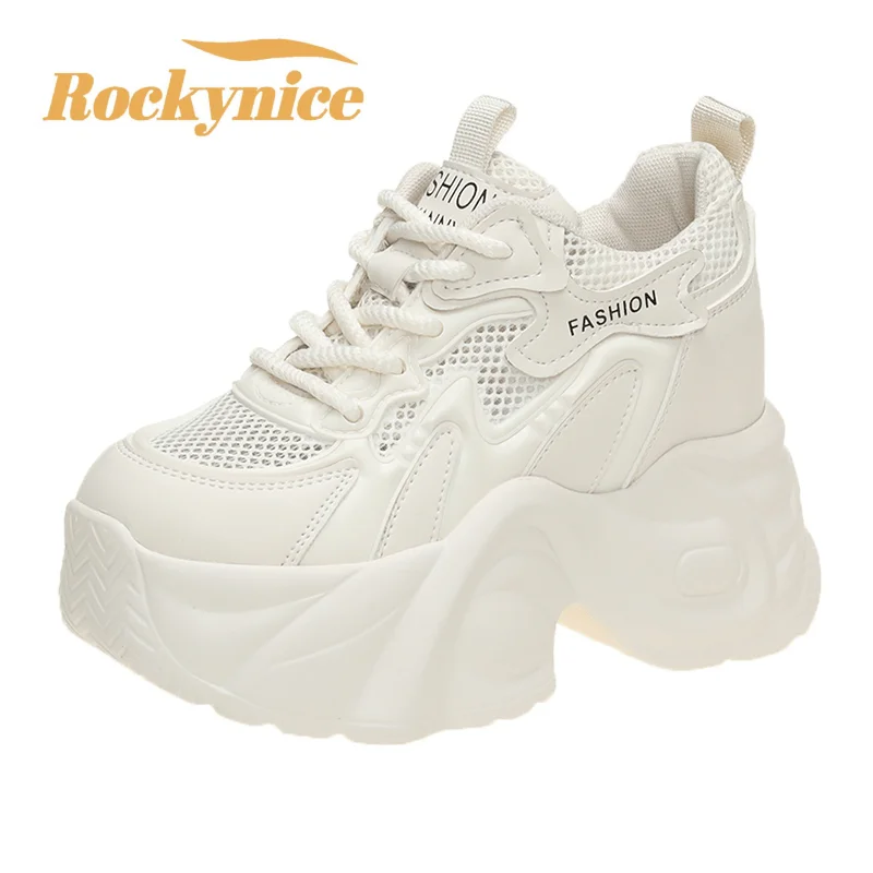 

New Spring Thick Bottom Breathable Mesh Sneakers High Top 8.5CM Shoes Autumn Women's Lace Up Thick Bottom Casual Chunky Shoes